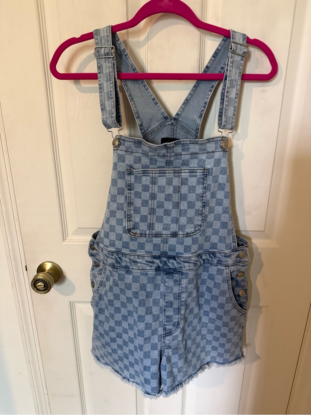 No Boundaries Light Blue Checkered Denim Short Overalls Romper